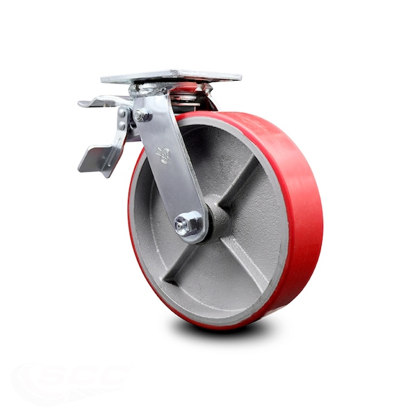 8 Inch Red Poly on Cast Iron Caster with Ball Bearing and Total Lock Brake SCC